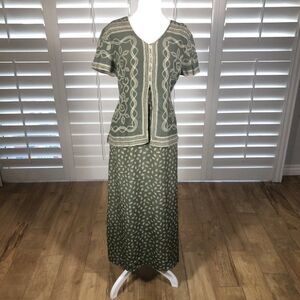 Vtg 90s Casual Corner Annex Olive Green Rayon Apron Dress 8 Midi Geo Print